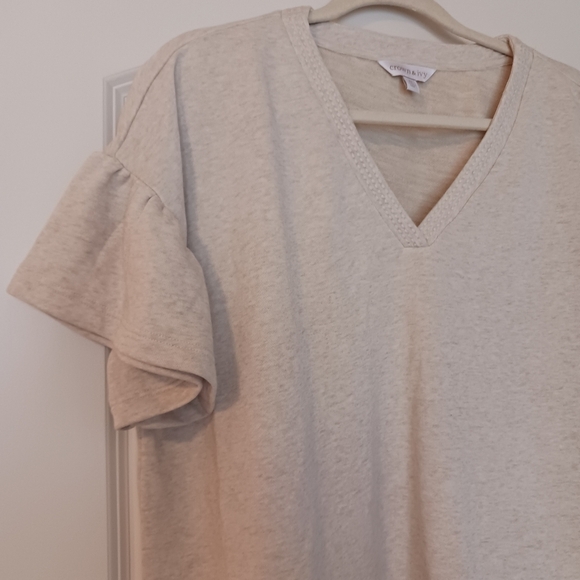 Soft Cotton Cream V-Neck Ruffle Sleeve Lightweight Sweatshirt - Picture 7 of 7